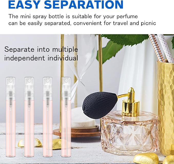 Mini Spray Bottle, Clear Plastic Empty Sample Containers, Fine Mist Perfume Travel Refillable Spray Bottle Perfume Atomizer Small Portable Bottle for Cleaning, Travel, Essential Oils (60, 5ml)