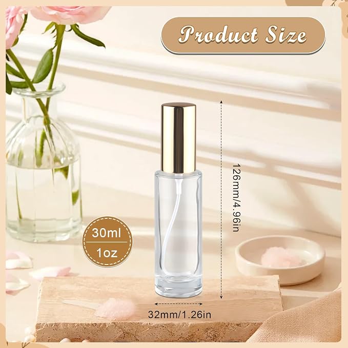 6 Pcs 30ml/1oz Glass Spray Bottle Refillable Perfume Bottles with Atomizer & Golden Lid for Perfume Cleaning Products Essential Oils