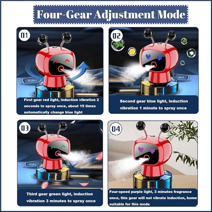 Robot Intelligent Aromatherapy Machine, Smart Cute Robot Car Air Freshener - Fine Spray/Fillable/Four-Gear Adjustment/Vibration Sensing/On-Off/Large Capacity Long-Lasting Fragrance/Red-V2(Hilton)