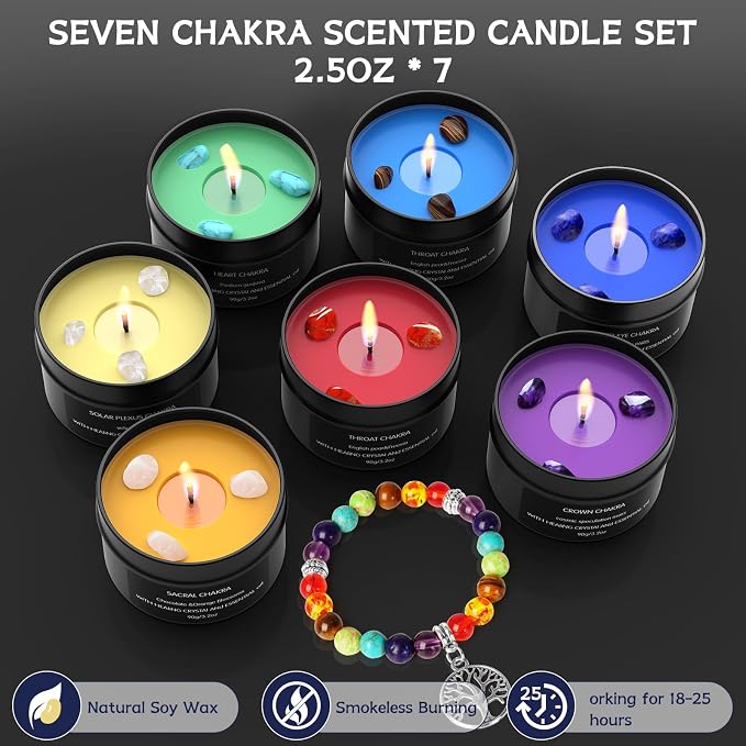 7 Chakra Crystal Candles with Healing Stones & Bracelets - Scented Meditation Candles for Stress Relief, Spiritual Decor, Yoga & Cleansing