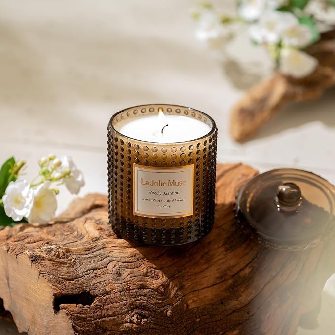 LA JOLIE MUSE Woody Jasmine Candles for Home Scented, Non Toxic Natural Soy, Luxury Candles Gifts for Women, Natural Soy Wax, 75 Hours, 10 OZ