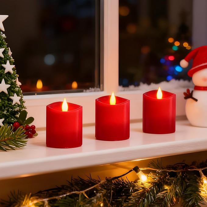 3" x 3" Red Flameless Candles - LED Pillar with Remote, Timer, Flickering, 600+ Hour Battery Life, Ideal for Christmas, Halloween, and Indoor Decor 3"*3"-3pcs