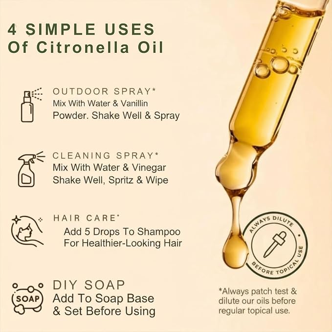 Citronella Essential Oil – 4 Fl Oz – 100% Pure and Natural Citronella Oil for Diffuser and Aromatherapy, Skin, Massage, Candle and Soap Making Fragrance - with Dropper