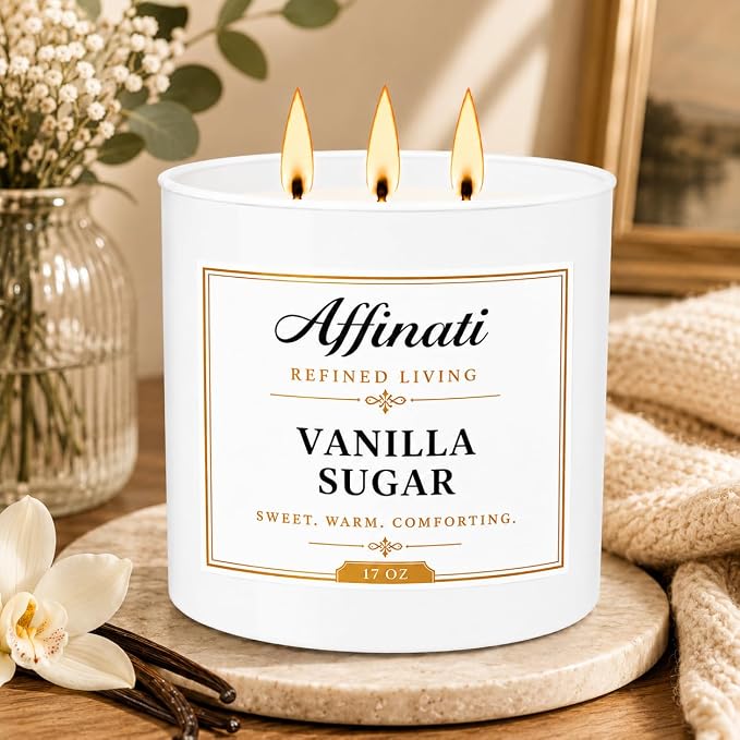 Affinati Vanilla Sugar 3-Wick Scented Candle – Large Soy Blend Candle, Strong Scent Throw Warm Sweet Cream Dessert Gourmand Bakery Candle, Premium Luxury Gift