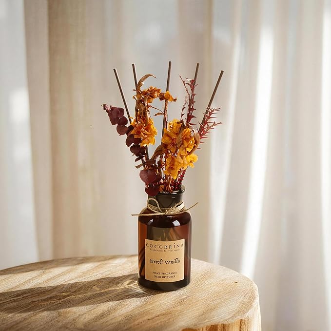Cocorrína Reed Diffuser Set, 6.7oz Flower Reed Diffuser with Real Preserved Flowers - Neroli Vanilla Scented Oil & Sticks - Long Lasting Home Fragrance for Bedroom Bathroom Shelf Decor