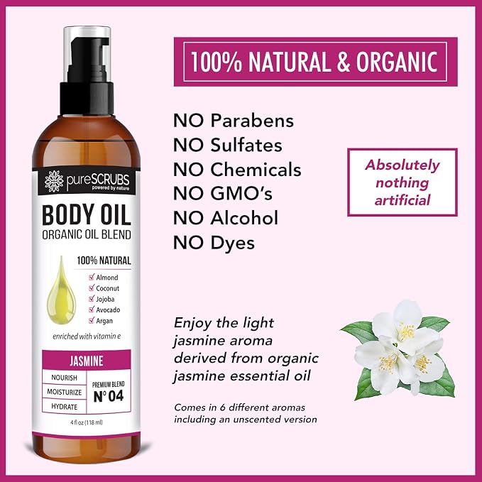 pureSCRUBS Ultra Moisturizing Jasmine Body Oil for Dry Skin, Lightweight Full Body Moisturizer for Soft, Silky Skin, Massage & Cuticle Oil, Vitamin E Enriched, 4 oz