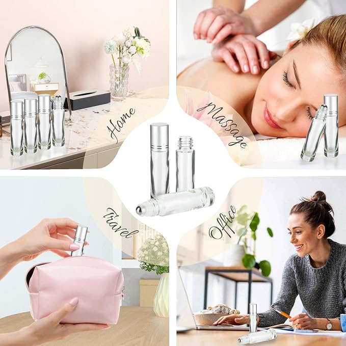 10ML Essential Oil Roller Bottles, 4 Pack Clear Silver Oil Roller Bottles for Essential Oils, Roll on Bottle with Stainless Steel Balls(4 Labels, Opener, Funnel, Dropper Included)