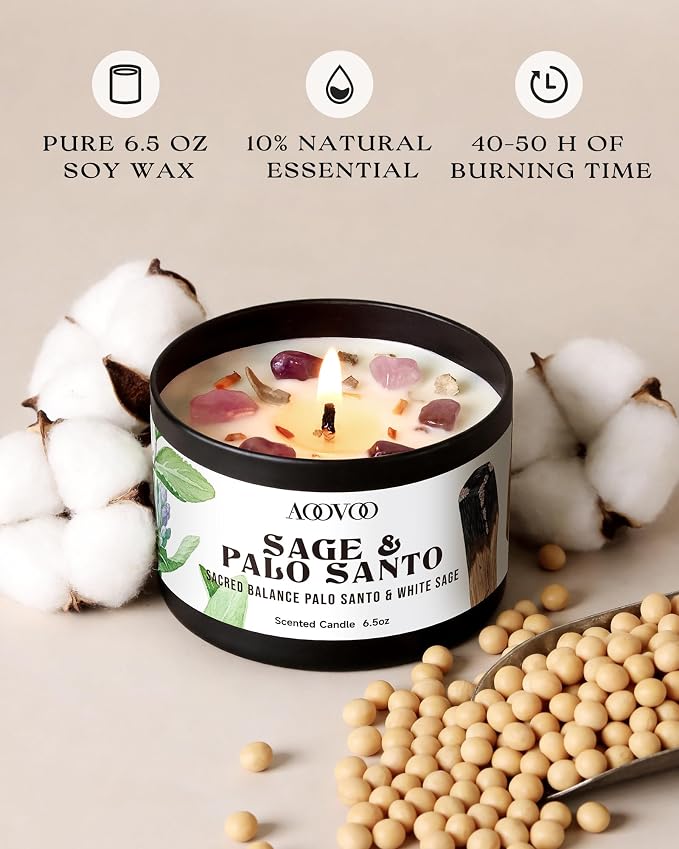 AOOVOO 2 Pack Sage & Palo Santo Candles – Cleansing Candle with Crystals, Sage Leaves & Palo Santo Wood, 13oz 100 Hours Long Lasting, Non Toxic Candle for Spiritual Energy Cleansing Meditation Yoga