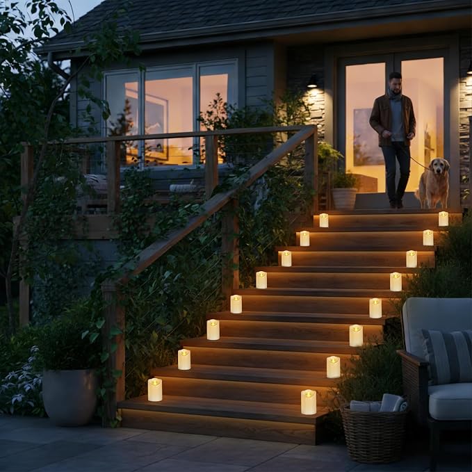 Pure White Flameless Candles, Patented 3D Dual-LED, Set of 6 Slanted Plastic Pillars with 2 Remotes, Waterproof Non-Melting Battery Operated Decor for Patio Lanterns, White
