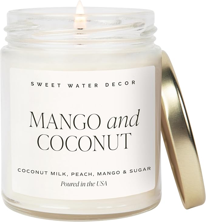 Sweet Water Decor Mango & Coconut Soy Candle - Pineapple, Mango and Orange Scented Summer Candles for Home - 9oz Clear Jar + Gold Lid, 40+ Hour Burn Time, Made in The USA