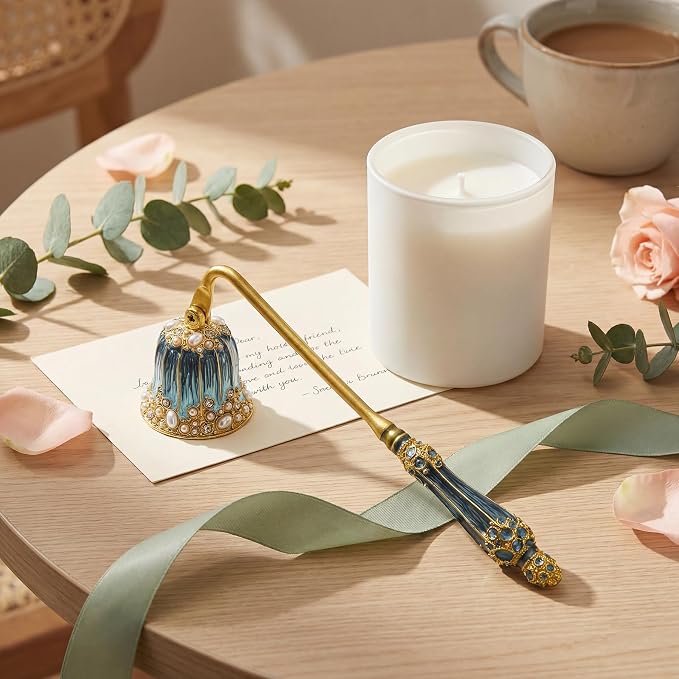 Kingrol Ornate Candle Snuffer with Hand-Enamel Finish, Decorative Zinc Alloy Candle Accessory with Crystal & Pearl Embellishments, Elegant Tool for Gently Extinguishing Candles