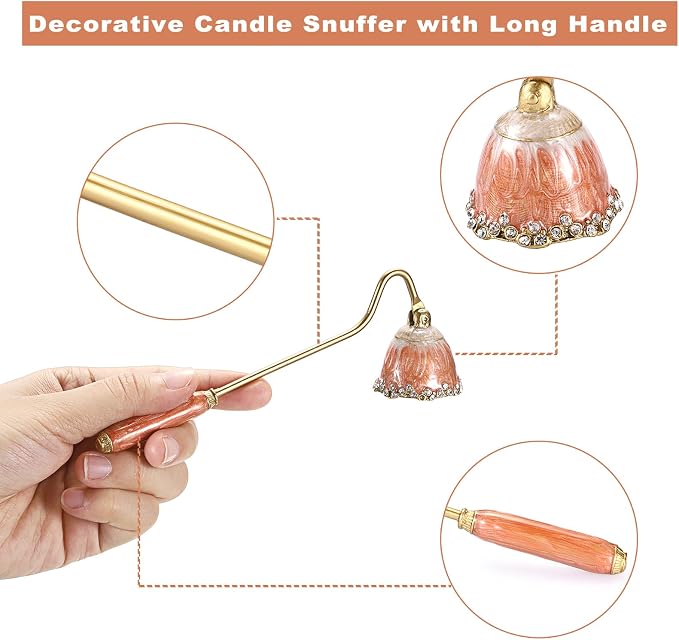 OwnMy Candle Snuffer Decorative Metal Candle Extinguisher with Long Handle, Vintage Candle Flame Snuffer and Wick Trimmer Tool, Elegant Candles Care Accessory Kit, Orange