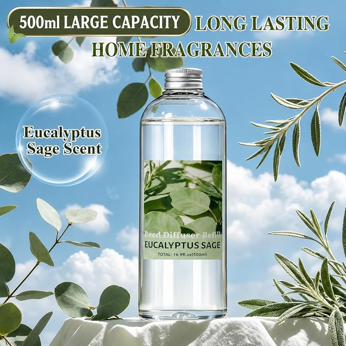 SCENTORINI Reed Diffuser Oil Refill, Eucalyptus Sage Diffuser Oil 16.9 Fl Oz, Natural Scented Essential Oil Refill Long Lasting Summer Home Fragrance for Large Space Room Spa Bathroom Home Decor