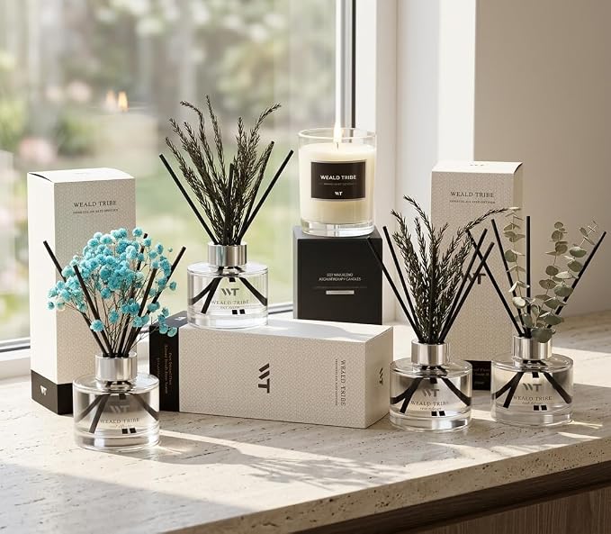 WEALD TRIBE Flower Reed Diffuser Set Balsam Fir Scent for Bathroom Accessories Shelf Decor & Air Fresheners, Fresh Air Sticks Defusers with 5.1 fl oz Essential Oils, House Office Decor & Gifts