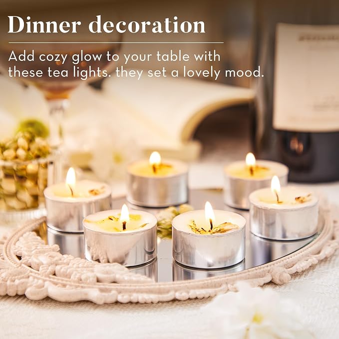 48 Pack Jasmine Scented Tealight Candles with Real Petals, Natural Soy Wax 6H Burn Time, Non-Toxic Smokeless Scented for Bath, Wedding, Decor