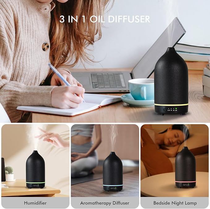 Essential Oil Diffuser Diffuser -Aromatherapy Diffuser for Essential Oils with Timer and 7 Colors LED Light Ultrasonic Diffuser with Auto Shut-Off, Home Office Decor&Gift (Black-150ml)