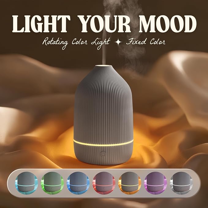 Essential Oil Diffuser, 100ml Aromatherapy Diffuser, Mini Ultrasonic Diffuser for Essential Oil, Home, Office, Cool Mist Humidifier with 7 Led Light, Auto Shut-Off, Grey