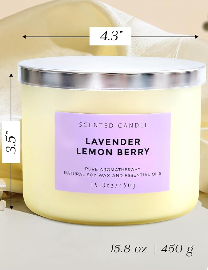 Lavender Lemon Berry Scented Candle | 3-Wick Large Soy Candle 15.8 oz | Highly Scented Aromatherapy Lavender Candle for Women | Calming Floral Lemon Home Scent | Long Lasting Clean Burn