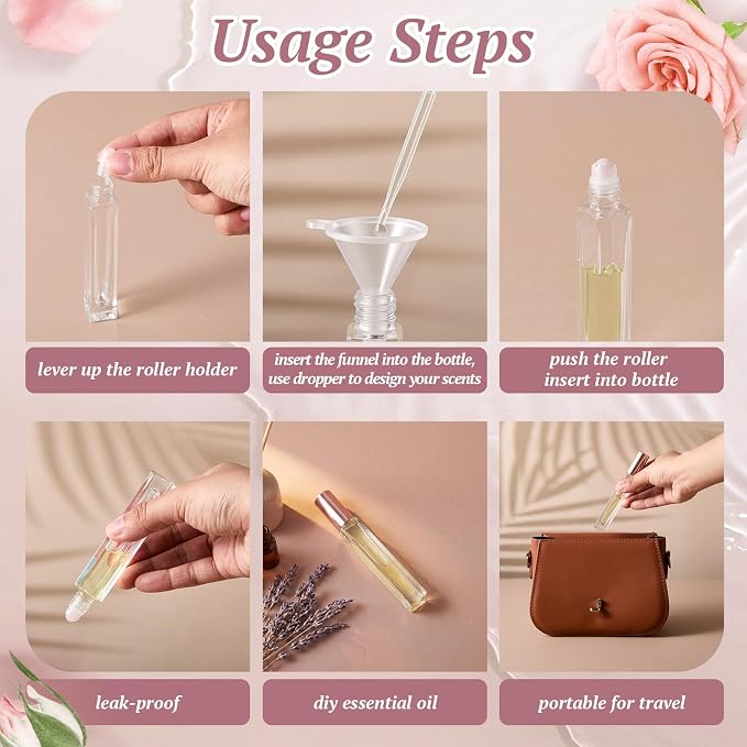 Domensi 30 Pack 10ml/0.34oz Rose Quartz Glass Roller Bottles for Essential Oil, Refillable Leak-proof Travel Perfume Roll on Bottles for DIY Aromatherapy, Skincare & Samples