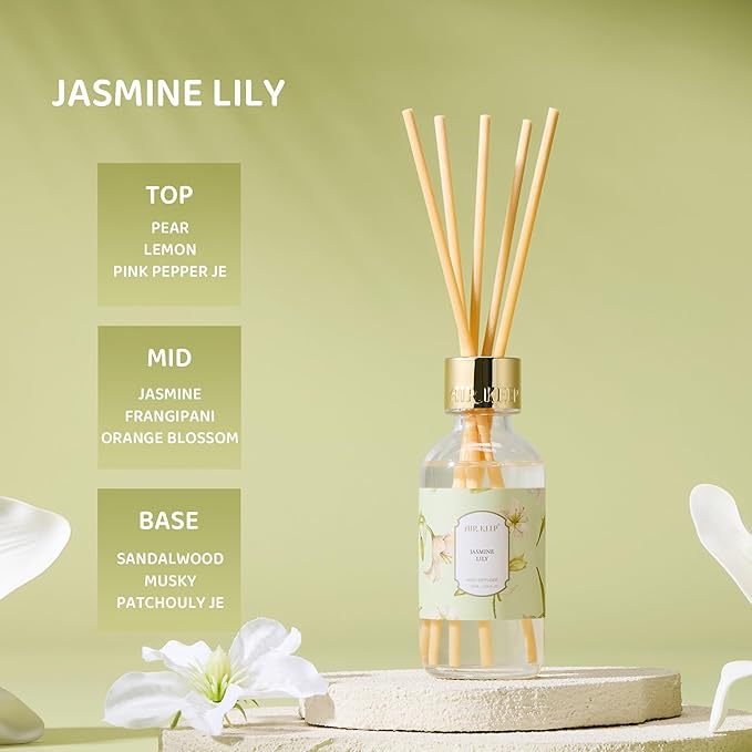 Airkeep Reed Diffuser Oil Set with Reed Sticks,Jasmine Lily Aromatherapy Oil Scent Diffuser for Home Office Bathroom Decoration Perfume and Gifts 3.38 oz/100ml