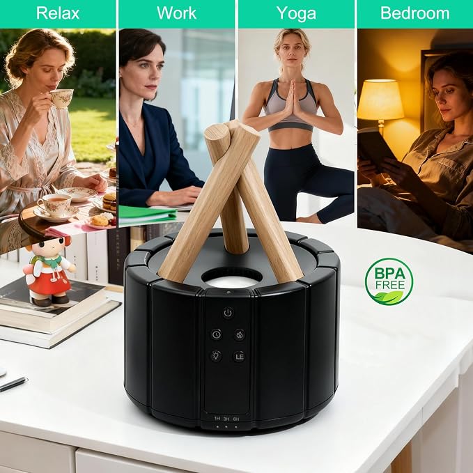 Campfire Flame Diffuser for Essential Oils, 250ml Ultrasonic Cool Mist Aromatherapy Humidifier with Remote Control, 7-Color LED Lights, Timer & Auto-Off for Home, Office & Bedroom (Black)