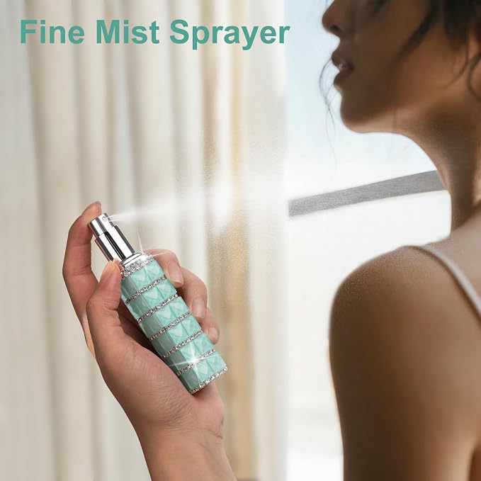 Travel Perfume Atomizer Refillable Bottle, 12ml Rhinestone Mini Perfume Bottles Empty Refillable Travel Atomizer Sprayer with Funnel (Light Green)