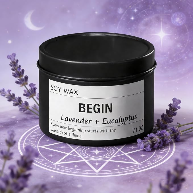 Begin New Beginnings Lavender & Eucalyptus Scented Candle, Black Jar with Purple Crystals, Natural Soy Wax Candles Gifts for People Embarking On Life’s New Journeys, Ready to Restart After A Setbac