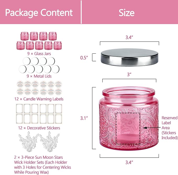 10 oz Pink Sun Moon Stars Candle Jars with Metal Lids, 9 Pack | Patented Embossed Design, Includes Wick Centering Devices & Warning Labels, Multiple Color Options