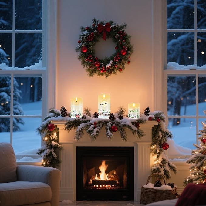 VEEKI Christmas Flameless Candles, Set of 2 Flickering Snow House LED Candles with Remote & Timer, Real Wax Pillar Candles Battery Operated, Electric Candles Light for Home Christmas Decor