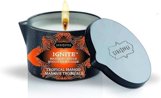 KAMA SUTRA Ignite Massage Candle - Coconut Oil and Soy Based - Tropical Mango Scented, 6 oz Candle Melts into a Warm Massage Oil, Couples Massage, Pour Spout Massage Candle