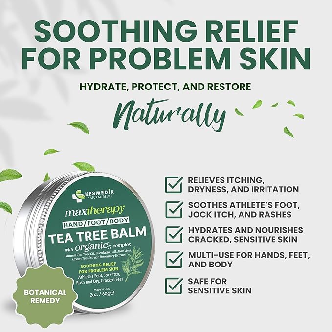 KESMEDIK Tea Tree Oil Balm for Skin, Soothes Itching, Rashes & Dry Skin, Antifungal Defense for Athlete’s Foot, Jock Itch, Chafing, Bug Bites & Eczema, Natural, Effective & Safe for All Ages