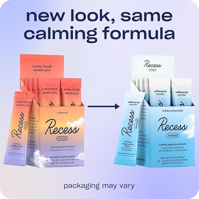 Recess Mood Powder, Magnesium L-Threonate Blend with Passion Flower, L-Theanine, Electrolytes, Magnesium Calm Support Powder Supplement - Unflavored-Pack of 10