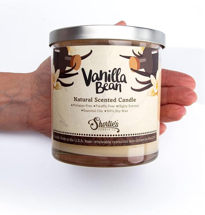 Vanilla Bean Scented Natural Soy Candle, Essential Fragrance Oils, 100% Soy, Phthalate & Paraben Free, Clean Burning, 9 Oz.