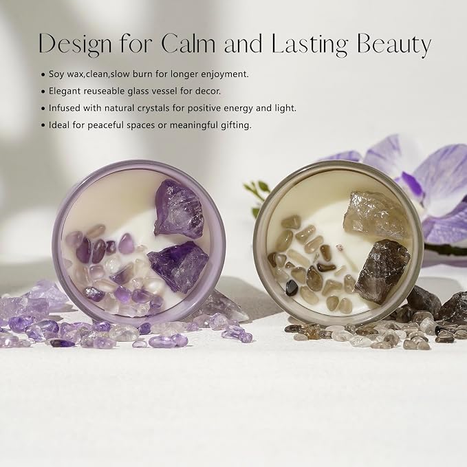 AvaConcept Healing Crystal Candle Gift Set – Amethyst & Smoky Quartz | Hand-Poured Soy Wax Candles Lavender Vanilla & Sea Salt Driftwood Aromatherapy Natural Crystals Infused Set of 2/5.3oz Each