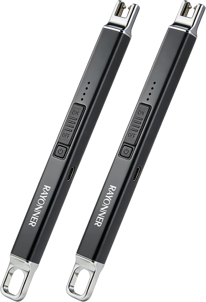 RAYONNER Electric Candle Lighter Rechargeable USB-C Plasma Arc Lighter with Hanging Hook Windproof Flameless Igniter for Camping Grill Home Decor Gifts (2 Pack - Black)