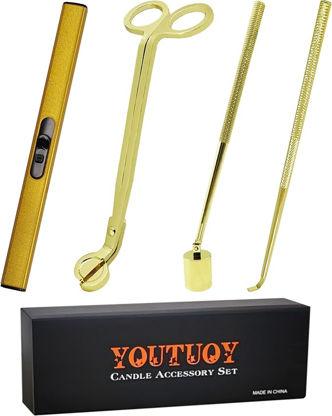 YOUTUOY 4 in1 Candle Accessory Set with Rechargeable Candle Lighter, Candle Wick Trimmer, Candle Wick Snuffer, Candle Wick Dipper, Candle Care Kit (Gold)