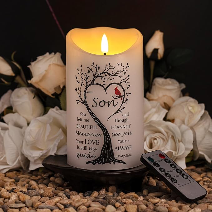 Flameless Memorial Candle for Loss of Son, Real Wax LED Light with Remote Sympathy Bereavement Gifts for Loss of Loved One Memorial Gifts for Loss of Son Remembrance Gifts (4" x 7")