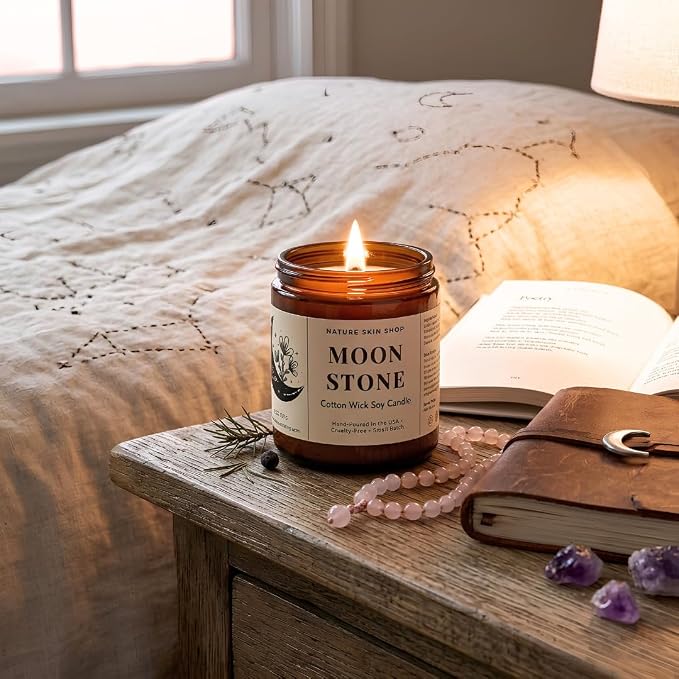 Nature Skin Shop Moonstone Artisan Soy Candle Night Blooming Jasmine and Sandalwood Aromatherapy Home Fragrance Vegan Cotton Wick 8 oz