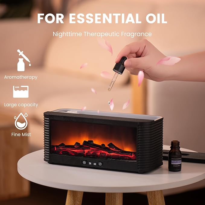 Flame Essential Oil Diffuser, 250ml Aromatherapy Humidifier with 9-Color Fireplace Light, Ultra-Quiet Cool Mist Maker, Remote, Timer, Auto-Off for Home, Office, Bedroom, Gift (Black)