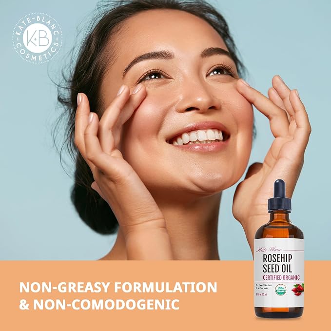 Kate Blanc Cosmetics Rosehip Seed Oil for Face, 100% Pure Organic | Cold Pressed Unrefined Rose Hip Facial Oil for Skin, Hair & Gua Sha Massage (1oz)