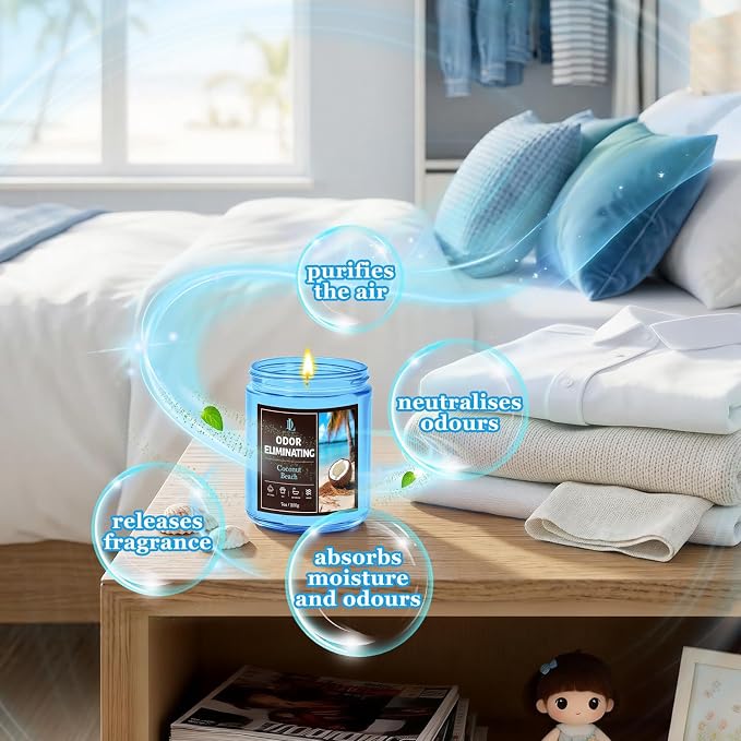 Coconut Beach Odor Eliminating Highly Fragranced Candle, Eliminates 95% of Living Room, Bedroom, Bathroom and Other Smells Quickly, Air Freshing Scented Candles, Soy Candle Gifts for Women Men, 7oz