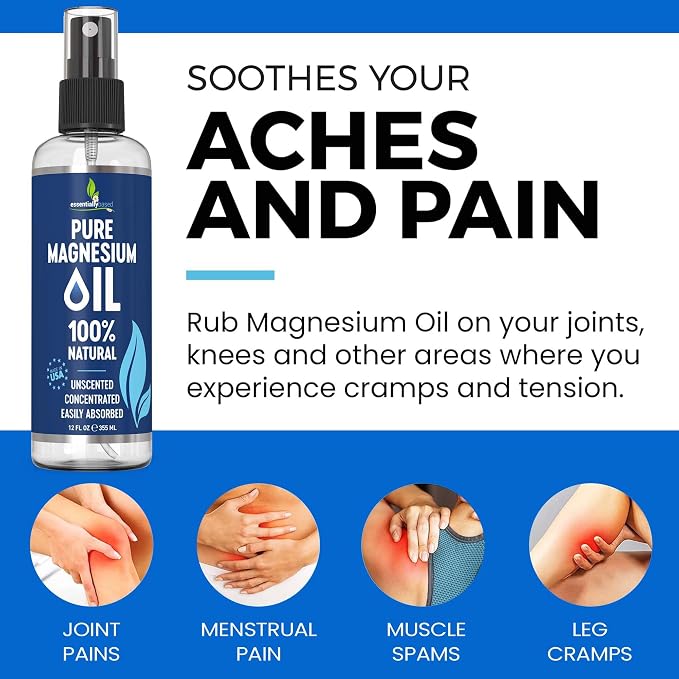 Pure Magnesium Oil Spray 12oz - Topical Magnesium Spray for Sleep & Feet - Extra Strength - USP Grade - 100% Natural and Organic Oil for Muscle Pain & Cramps - Less Sting - Less Itch - Made in USA