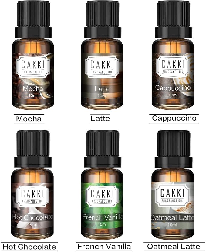 Coffee Essential Oils Set for Diffuser, 6 x10ml, Cakki Fragrance Oils Gift Set with Mocha, Latte, Cappuccino, Hot Chocolate, Vanilla, Oatmeal Latte. for Candle Making