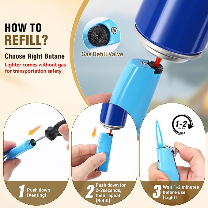 Women's Mini Butane Torch Lighter, Windproof Jet Flame Refillable Adjustable Candle Lighter for BBQ, Camping, Daily Use, Ideal Gift, 2 Pack (Blue, Butane Not Included)