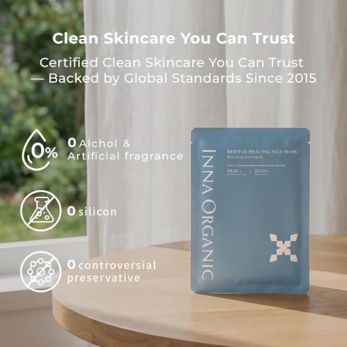 INNA ORGANIC Organic Sheet Mask - Nexty Award Finalist, Sleep Well Glow, Overnight Renewal, Restful Healing, Sustainable & Clean Beauty (Pack of 5) | Blue Tansy Essential Oils Infused Skin Care