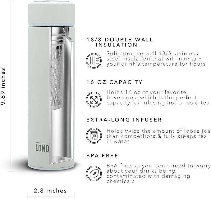 The London Sip 16.9 oz Multi-Purpose Tea Infuser Mug – Fruit Infuser Water Bottle for Hot and Cold – Double Wall Stainless Steel Insulated, Pearl White