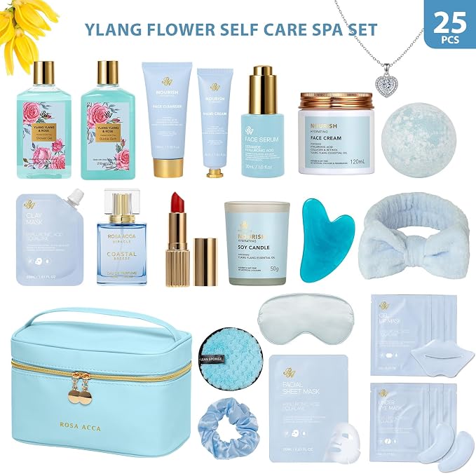 25 Pcs Mother's Day Gift, Bath & Body Gift Basket Set for Women, Skin Care Set, Self Care Spa Gift Basket, Cosmetic Bag, Necklace, Bath Bomb, Christmas, Valentine's, Birthday, Wife, Mom