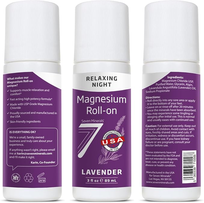 Seven Minerals Magnesium for Sleep Stick with Lavender - All Natural Sleep Blend For Deeper Sleep & Relaxation, Non Habit Forming - Mess-Free Topical Magnesium Roll On, USA Made, 3 Fl Oz
