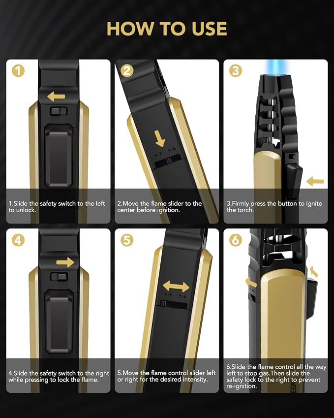 TBTeek Butane Torch Lighter 2 Pack, Adjustable Jet Flame Lighter, Refillable Blow Torch, Cooking Torch with Safety Lock for Kitchen, Baking, Candle, Camping, Gold(Gas Not Included)