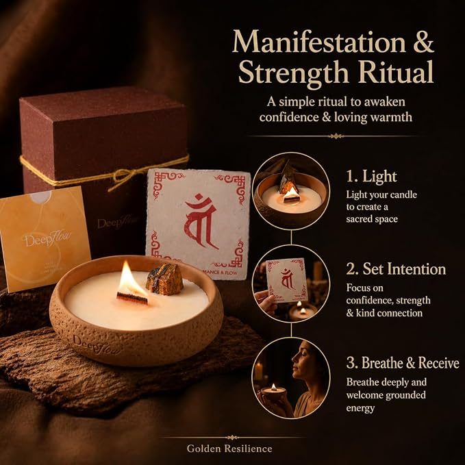 DEEP FLOW Tiger’s Eye Luxury Protection Candle - Jangchub Gold Ritual, Confidence & Grounding Scented Candle for Manifestation & Strength (Golden Resilience)
